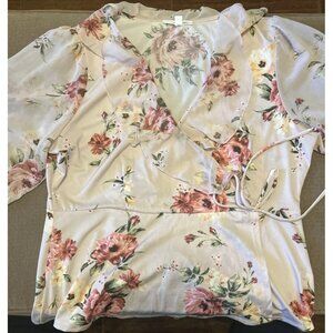 PerSeption Concept Women's XL Pink  burgundy Floral Blouse Sheer Sleeves Stretch